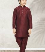 Maroon plain art silk boys-kurta-pyjama