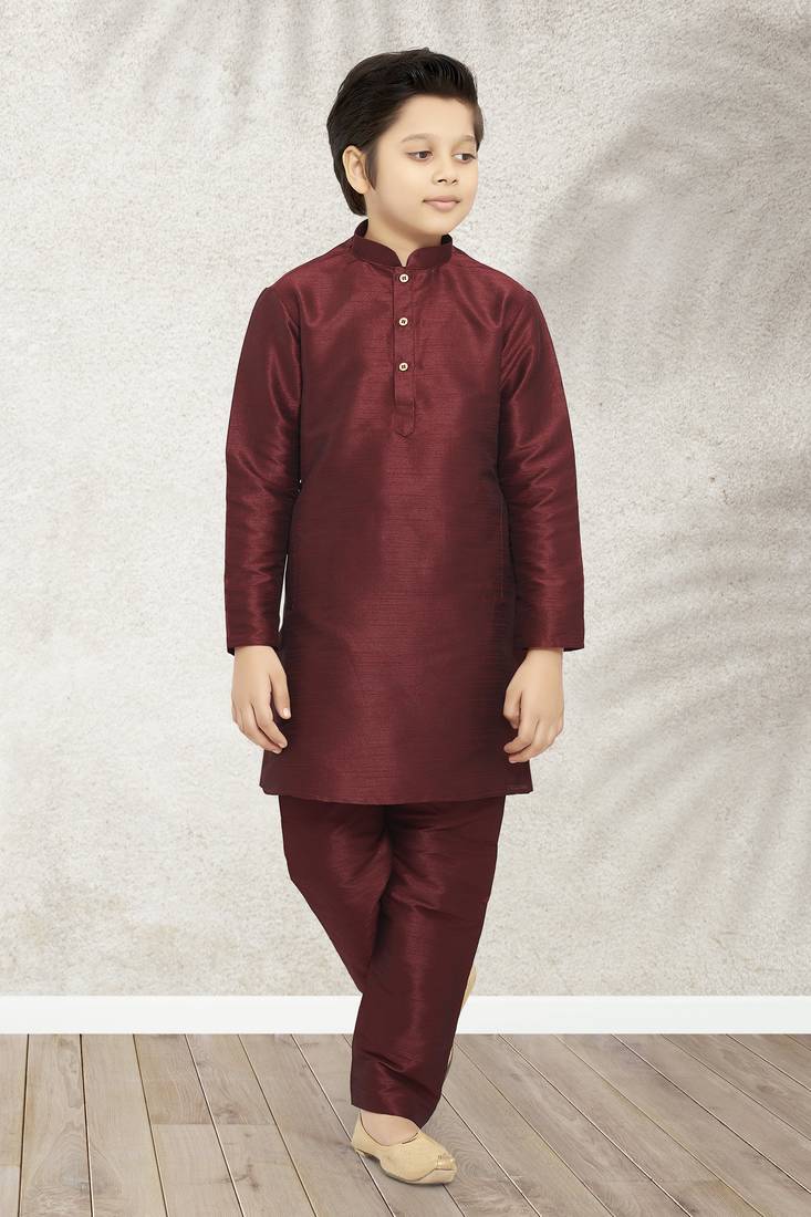 Maroon plain art silk boys-kurta-pyjama