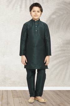 Green plain art silk boys-kurta-pyjama