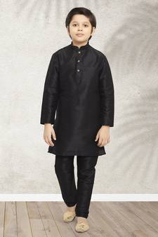 Black plain art silk boys-kurta-pyjama
