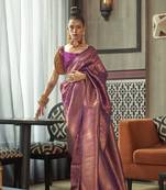 Dark Magenta Woven Silk Blend Saree With Blouse