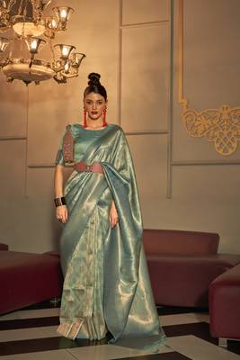 Dark Jade Woven Silk Blend Saree With Blouse 1