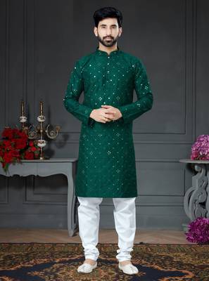 green embroidered cotton_silk kurta-pajama 1