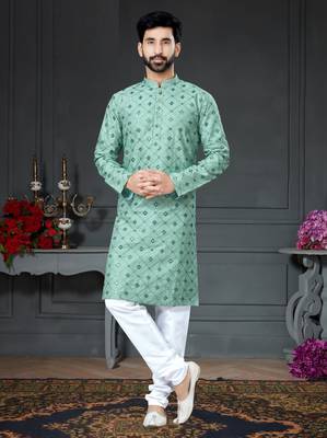 green embroidered cotton_silk kurta-pajama 1