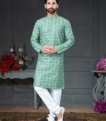 green embroidered cotton_silk kurta-pajama