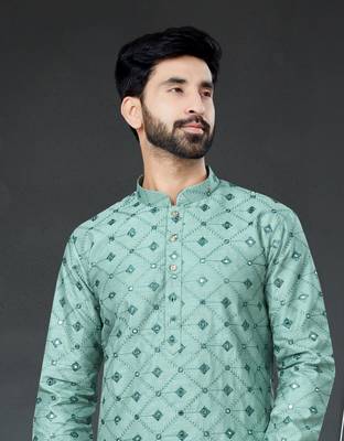 green embroidered cotton_silk kurta-pajama 2