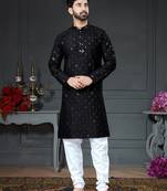 Black embroidered cotton_silk kurta-pajama