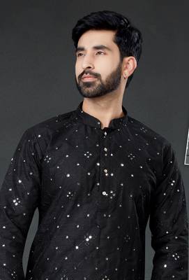 Black embroidered cotton_silk kurta-pajama 2
