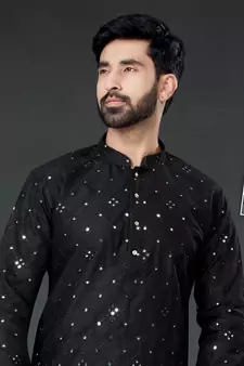 Black embroidered cotton_silk kurta-pajama