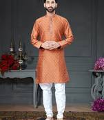 orange embroidered cotton_silk kurta-pajama