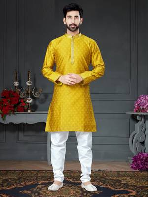 Yellow embroidered cotton_silk kurta-pajama 1