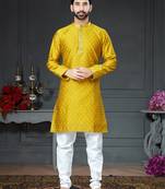 Yellow embroidered cotton_silk kurta-pajama