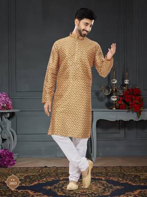 gold printed Silk kurta-pajama 1