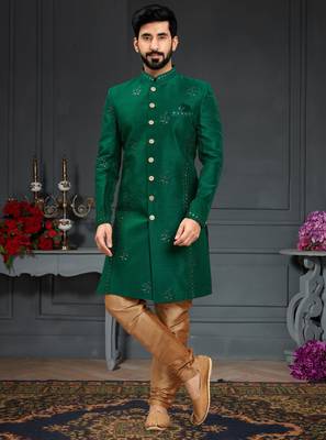 green Silk Printed Sherwani 1