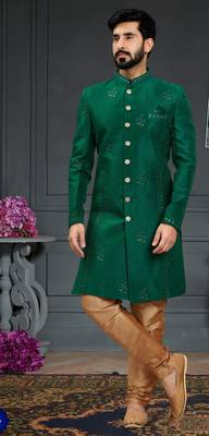 green Silk Printed Sherwani 2