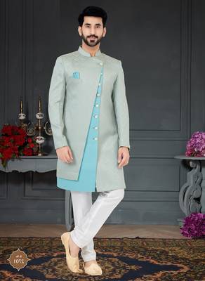 grey Jacquard embroidered Sherwani 1