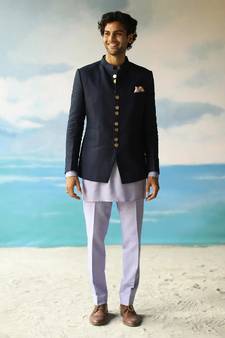 Navy blue linen solid bandhgala with welt breast pocket and Kurta pant.