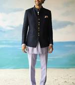 Navy blue linen solid bandhgala with welt breast pocket and Kurta pant.