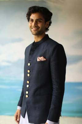 Navy blue linen solid bandhgala with welt breast pocket and Kurta pant. 2