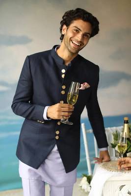 Navy blue linen solid bandhgala with welt breast pocket and Kurta pant. 3
