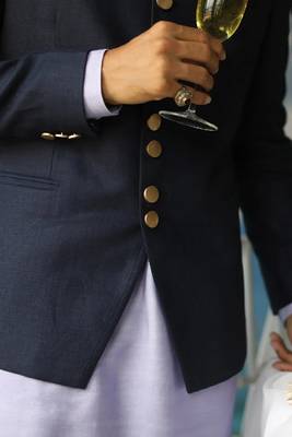 Navy blue linen solid bandhgala with welt breast pocket and Kurta pant. 4