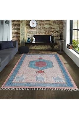 Bohemian Cotton Area Rug Hand Block Printed Throw Rugs Hand Woven Floor Rug 2