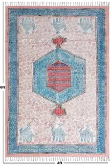 Bohemian Cotton Area Rug Hand Block Printed Throw Rugs Hand Woven Floor Rug