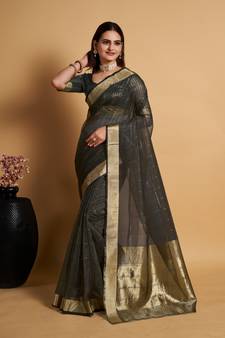 Black Plain Organza Saree With Blouse