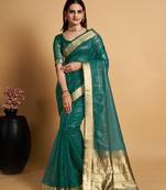 Green Plain Organza Saree With Blouse