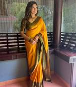 Mustard printed silk saree with blouse