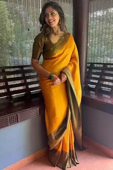 Mustard printed silk saree with blouse
