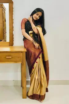 Golden printed silk saree with blouse