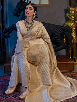 Cream silk Bland Banarasi style Saree with Unstitched Blouse 2