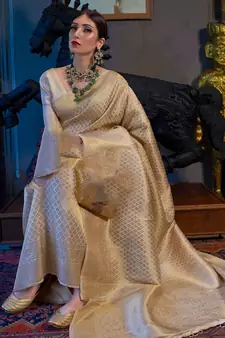 Cream silk Bland Banarasi style Saree with Unstitched Blouse
