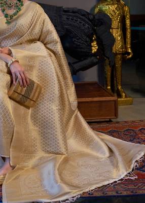 Cream silk Bland Banarasi style Saree with Unstitched Blouse 3