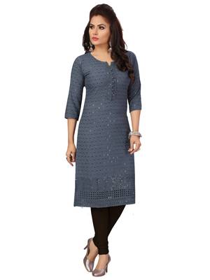 Dark-grey embroidered rayon chikankari-kurtis 1
