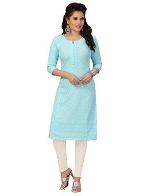 Sky-blue embroidered rayon chikankari-kurtis 1