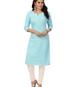 Sky-blue embroidered rayon chikankari-kurtis