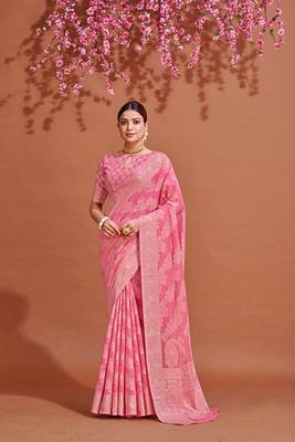  Lucknowi Chikankari Linen Cotton Blend Woven Sarees For With Blouse Sarees For Women 1