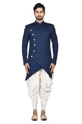 Blue plain art silk sherwani 1