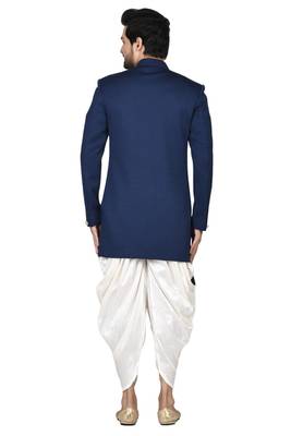 Blue plain art silk sherwani 2