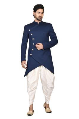 Blue plain art silk sherwani 3
