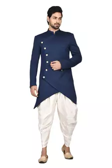 Blue plain art silk sherwani