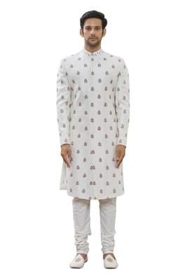 White printed art silk sherwani 1