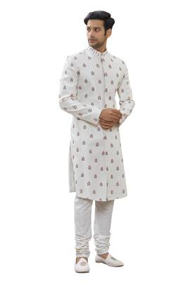 White printed art silk sherwani 3
