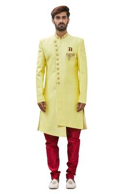 Yellow embroidered art silk sherwani 1