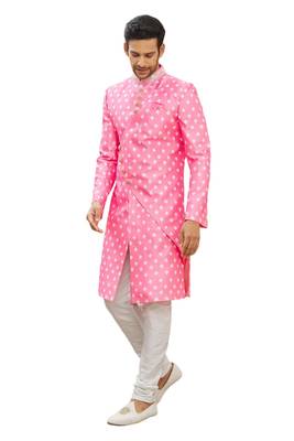 Pink printed art silk sherwani 3