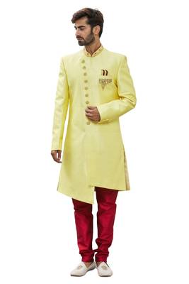 Yellow embroidered art silk sherwani 3