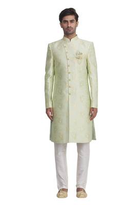 Green printed art silk sherwani 1