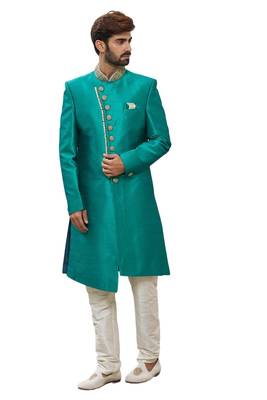 Green embroidered art silk sherwani 3